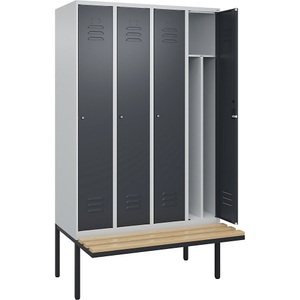 C+P Spind Classic PLUS Sitzbank, 4 Abteile, mittig, lichtgrau / grau, B 1200 mm, Zylinderschloss, auskragend, Buche-Hartholz