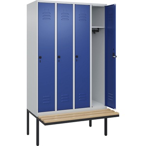 C+P Spind Classic PLUS Sitzbank, 4 Abteile, lichtgrau / enzianblau, B 1200 mm, Sicherheits-Drehriegel, auskragend, Buche-Hartholz