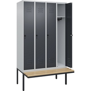C+P Spind Classic PLUS Sitzbank, 4 Abteile, lichtgrau / grau, B 1200 mm, Sicherheits-Drehriegel, auskragend, Buche-Hartholz