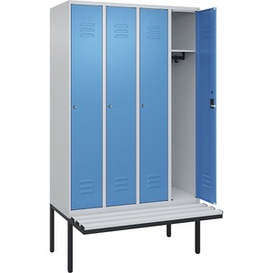 CP, C+P Spind Classic PLUS Sitzbank, 4 Abteile, lichtgrau / lichtblau, B 1200 mm, Zylinderschloss, auskragend, Kunststoff