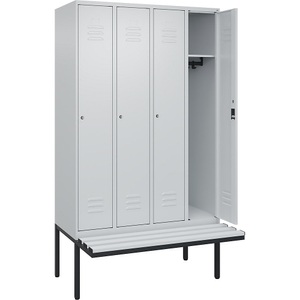 C+P Spind Classic PLUS Sitzbank, 4 Abteile, lichtgrau, B 1200 mm, Zylinderschloss, auskragend, Kunststoff