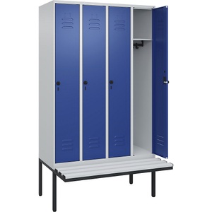 C+P Spind Classic PLUS Sitzbank, 4 Abteile, lichtgrau / enzianblau, B 1200 mm, Sicherheits-Drehriegel, auskragend, Kunststoff