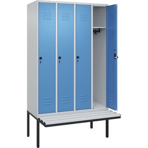 C+P Spind Classic PLUS Sitzbank, 4 Abteile, lichtgrau / lichtblau, B 1200 mm, Sicherheits-Drehriegel, auskragend, Kunststoff