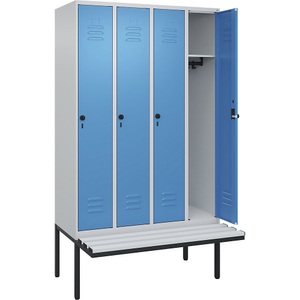 CP, C+P Spind Classic PLUS Sitzbank, 4 Abteile, lichtgrau / lichtblau, B 1200 mm, Sicherheits-Drehriegel, auskragend, Kunststoff