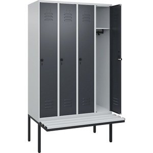 C+P Spind Classic PLUS Sitzbank, 4 Abteile, lichtgrau / grau, B 1200 mm, Sicherheits-Drehriegel, auskragend, Kunststoff