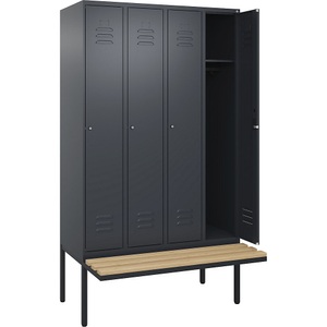 C+P Spind Classic PLUS Sitzbank, 4 Abteile, grau, B 1200 mm, Zylinderschloss, auskragend, Buche-Hartholz