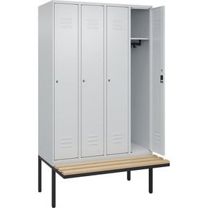 C+P Spind Classic PLUS Sitzbank, 4 Abteile, lichtgrau, B 1200 mm, Zylinderschloss, auskragend, Buche-Hartholz