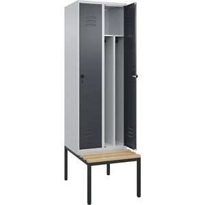 C+P Spind Classic PLUS Sitzbank, 2 Abteile, mittig, lichtgrau / grau, B 600 mm, Sicherheits-Drehriegel, untergebaut, Buche-Hartholz
