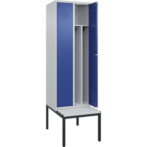 C+P Spind Classic PLUS Sitzbank, 2 Abteile, mittig, lichtgrau / enzianblau, B 600 mm, Zylinderschloss, untergebaut, Kunststoff