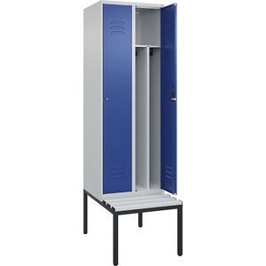 CP, C+P Spind Classic PLUS Sitzbank, 2 Abteile, mittig, lichtgrau / enzianblau, B 600 mm, Zylinderschloss, untergebaut, Kunststoff