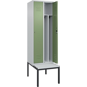 CP, C+P Spind Classic PLUS Sitzbank, 2 Abteile, mittig, lichtgrau / resedagrün, B 600 mm, Zylinderschloss, untergebaut, Kunststoff, C+P Spind Classic PLUS Sitzbank, 2 Abteile, Trennwand mittig, lichtgrau / resedagrün, B 600 mm, Zylinderschloss, untergebaut, Kunststoff