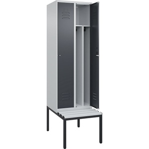 C+P Spind Classic PLUS Sitzbank, 2 Abteile, mittig, lichtgrau / grau, B 600 mm, Zylinderschloss, untergebaut, Kunststoff