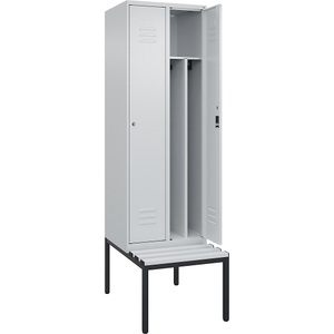 C+P Spind Classic PLUS Sitzbank, 2 Abteile, mittig, lichtgrau, B 600 mm, Zylinderschloss, untergebaut, Kunststoff
