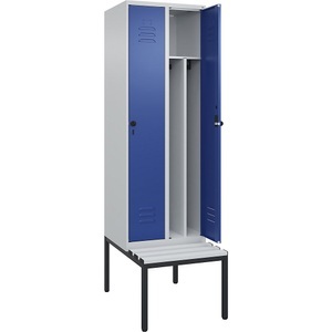 C+P Spind Classic PLUS Sitzbank, 2 Abteile, mittig, lichtgrau / enzianblau, B 600 mm, Sicherheits-Drehriegel, untergebaut, Kunststoff