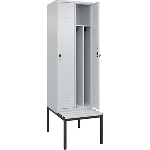 C+P Spind Classic PLUS Sitzbank, 2 Abteile, mittig, lichtgrau, B 600 mm, Sicherheits-Drehriegel, untergebaut, Kunststoff