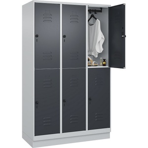 C+P Doppelstock-Spind Classic PLUS, 3 Abteile, lichtgrau / grau, HxB 1950 x 1200 mm, mit Bodensockel, Drehriegel
