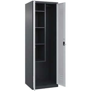 C+P Putzmittelspind Classic PLUS, 1 Abteil, Trennwand mittig, verkürzt, grau, B 600 mm, mit Bodengleitern, Drehriegel