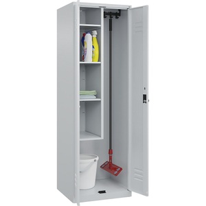 C+P Putzmittelspind Classic PLUS, 1 Abteil, Trennwand mittig, verkürzt, lichtgrau, B 600 mm, mit Bodengleitern, Drehriegel