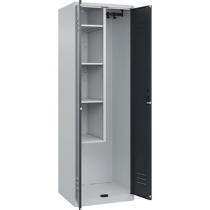 C+P Putzmittelspind Classic PLUS, 1 Abteil, Trennwand mittig, verkürzt, lichtgrau / grau, B 600 mm, mit Bodengleitern, Zylinderschloss