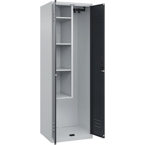 CP, C+P Putzmittelspind Classic PLUS, 1 Abteil, Trennwand mittig, verkürzt, lichtgrau / grau, B 600 mm, mit Bodengleitern, Zylinderschloss