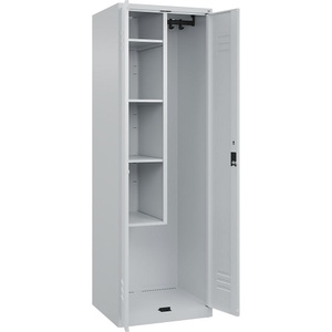 C+P Putzmittelspind Classic PLUS, 1 Abteil, Trennwand mittig, verkürzt, lichtgrau, B 600 mm, mit Bodengleitern, Zylinderschloss