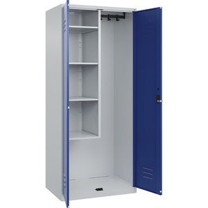CP, C+P Putzmittelspind Classic PLUS, 1 Abteil, Trennwand mittig, verkürzt, lichtgrau / enzianblau, B 800 mm, mit Bodengleitern, Drehriegel