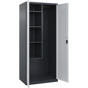 C+P Putzmittelspind Classic PLUS, 1 Abteil, Trennwand mittig, verkürzt, grau, B 800 mm, mit Bodengleitern, Drehriegel