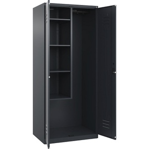 C+P Putzmittelspind Classic PLUS, 1 Abteil, Trennwand mittig, verkürzt, grau, B 800 mm, mit Bodengleitern, Zylinderschloss