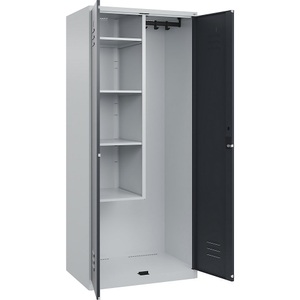 C+P Putzmittelspind Classic PLUS, 1 Abteil, Trennwand mittig, verkürzt, lichtgrau / grau, B 800 mm, mit Bodengleitern, Zylinderschloss