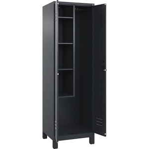 C+P Putzmittelspind Classic PLUS, 1 Abteil, Trennwand mittig, verkürzt, grau, B 600 mm, mit Füßen, Drehriegel