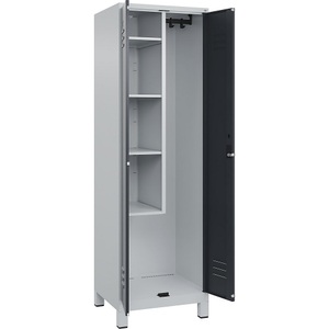 C+P Putzmittelspind Classic PLUS, 1 Abteil, Trennwand mittig, verkürzt, lichtgrau / grau, B 600 mm, mit Füßen, Zylinderschloss