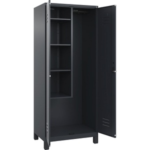 C+P Putzmittelspind Classic PLUS, 1 Abteil, Trennwand mittig, verkürzt, grau, B 800 mm, mit Füßen, Drehriegel