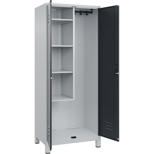 C+P Putzmittelspind Classic PLUS, 1 Abteil, Trennwand mittig, verkürzt, lichtgrau / grau, B 800 mm, mit Füßen, Drehriegel