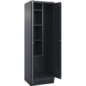C+P Putzmittelspind Classic PLUS, 1 Abteil, Trennwand mittig, verkürzt, grau, B 600 mm, mit Bodensockel, Drehriegel