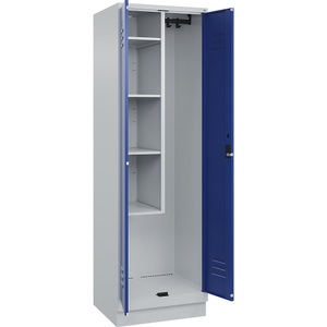 C+P Putzmittelspind Classic PLUS, 1 Abteil, Trennwand mittig, verkürzt, lichtgrau / enzianblau, B 600 mm, mit Bodensockel, Zylinderschloss