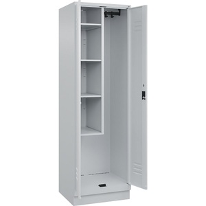 C+P Putzmittelspind Classic PLUS, 1 Abteil, Trennwand mittig, verkürzt, lichtgrau, B 600 mm, mit Bodensockel, Zylinderschloss