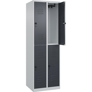 C+P Doppelstock-Spind Classic PLUS, 2 Abteile, lichtgrau / grau, HxB 1850 x 600 mm, mit Bodengleitern, Drehriegel