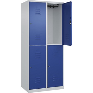 C+P Doppelstock-Spind Classic PLUS, 2 Abteile, lichtgrau / enzianblau, HxB 1850 x 800 mm, mit Bodengleitern, Zylinderschloss