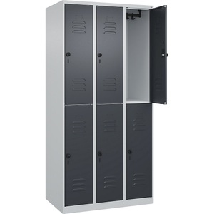 C+P Doppelstock-Spind Classic PLUS, 3 Abteile, lichtgrau / grau, HxB 1850 x 900 mm, mit Bodengleitern, Drehriegel