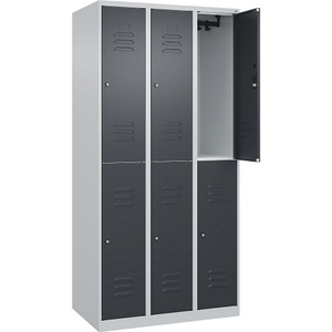 C+P Doppelstock-Spind Classic PLUS, 3 Abteile, lichtgrau / grau, HxB 1850 x 900 mm, mit Bodengleitern, Zylinderschloss
