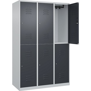 C+P Doppelstock-Spind Classic PLUS, 3 Abteile, lichtgrau / grau, HxB 1850 x 1200 mm, mit Bodengleitern, Zylinderschloss