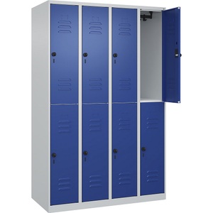C+P Doppelstock-Spind Classic PLUS, 4 Abteile, lichtgrau / enzianblau, HxB 1850 x 1200 mm, mit Bodengleitern, Drehriegel