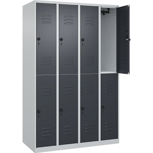 C+P Doppelstock-Spind Classic PLUS, 4 Abteile, lichtgrau / grau, HxB 1850 x 1200 mm, mit Bodengleitern, Drehriegel
