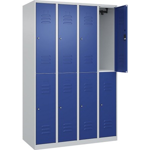 C+P Doppelstock-Spind Classic PLUS, 4 Abteile, lichtgrau / enzianblau, HxB 1850 x 1200 mm, mit Bodengleitern, Zylinderschloss