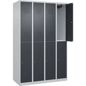 C+P Doppelstock-Spind Classic PLUS, 4 Abteile, lichtgrau / grau, HxB 1850 x 1200 mm, mit Bodengleitern, Zylinderschloss