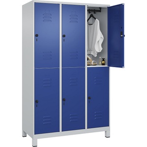 C+P Doppelstock-Spind Classic PLUS, 3 Abteile, lichtgrau / enzianblau, HxB 1950 x 1200 mm, mit Füßen, Drehriegel