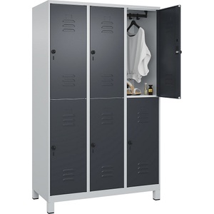 C+P Doppelstock-Spind Classic PLUS, 3 Abteile, lichtgrau / grau, HxB 1950 x 1200 mm, mit Füßen, Drehriegel