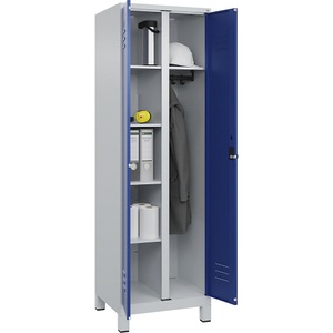 C+P Putzmittelspind Classic PLUS, 1 Abteil, Trennwand mittig, lichtgrau / enzianblau, B 600 mm, mit Füßen, Drehriegel