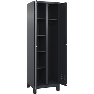 C+P Putzmittelspind Classic PLUS, 1 Abteil, Trennwand mittig, grau, B 600 mm, mit Füßen, Drehriegel