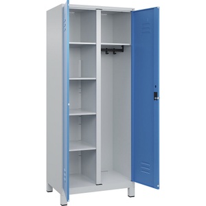 C+P Putzmittelspind Classic PLUS, 1 Abteil, Trennwand mittig, lichtgrau / lichtblau, B 800 mm, mit Füßen, Drehriegel